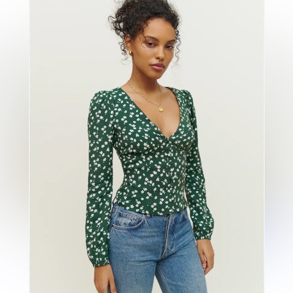 Reformation Green With Cream Flowers “Nell” Top Size Small - Picture 1 of 12
